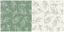 Set Of Leaves Seamless Repeat Pattern. Random Placed, Vector Botany Elements Hand Drawn All Over Surface Print On Sage Green And Beige Background.