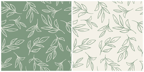 Wall Mural - Set of leaves seamless repeat pattern. Random placed, vector botany elements hand drawn all over surface print on sage green and beige background.