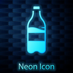 Sticker - Glowing neon Sport bottle with water icon isolated on brick wall background. Vector