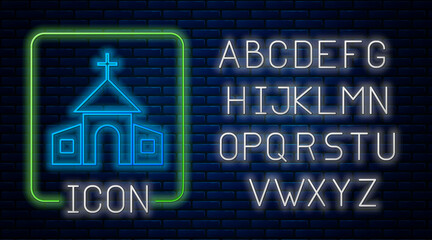 Poster - Glowing neon Church building icon isolated on brick wall background. Christian Church. Religion of church. Neon light alphabet. Vector