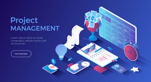 Project Management, Planning Organization Schedule. Productivity, Marketing Analysis And Development. Isometric Landing Page. Vector Web Banner.