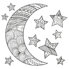 Wall Mural - Crescent on white. Moon and stars with abstract patterns on isolation background. Zentangle. Design for spiritual relaxation for adults. Black and white illustration for anti stress colouring page