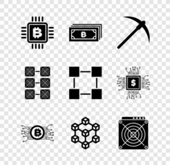 Poster - Set CPU mining farm, Cryptocurrency bitcoin, Pickaxe, circuit, Blockchain technology and ASIC Miner icon. Vector