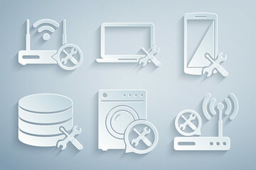 Sticker - Set Washer service, Smartphone, Database server, Router wi-fi, Laptop and with icon. Vector