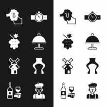 Set Covered With Tray, Grape Fruit, Poodle Dog, Wrist Watch, Windmill, Frog Legs, French Man And Wine Bottle Cheese Icon. Vector