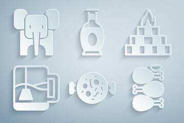 Sticker - Set Chicken tikka masala, Yagna, Cup of tea with tea bag, Tandoori chicken, Indian vase and Elephant icon. Vector