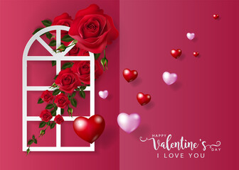 Wall Mural - Valentine's day greeting card templates with realistic of beautiful rose and heart on background color.