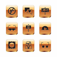 Sticker - Set No war, LSD acid mark, Hippie girl, Peace, Heart shaped love glasses, Glasses and Speech bubble chat icon. Vector