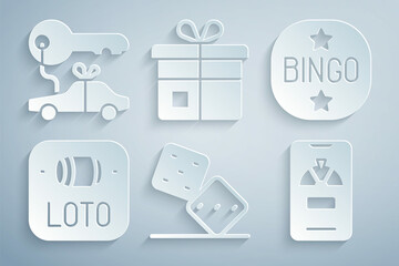 Wall Mural - Set Game dice, Bingo, Lottery ticket, Lucky wheel on phone, Gift box and Car gift icon. Vector