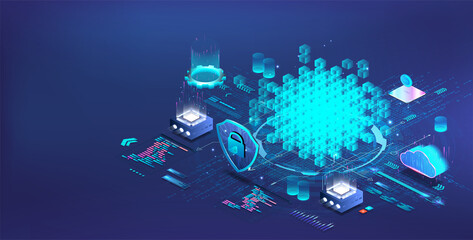 Poster - Financial technologies on the blockchain system for crypto currency. Isometric illustration mining cryptocurrency, fintech, network. Online blockchain service cryptocurrency mining. Vector isometric