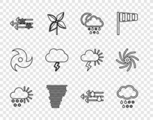 Set Line Cloudy With Snow, And Rain, Rain, Moon, Tornado, Wind, Storm, And Icon. Vector