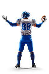 Poster - American Football player holding the ball in his hand. Joy in football. Sport emotions. Sport victory. Back view. Isolated on white background