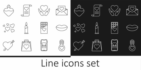 Sticker - Set line Heart shape in light bulb, Smiling lips, hand, Burning candle, Bottle with love potion, Chocolate bar and Envelope Valentine heart icon. Vector