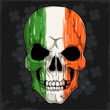 Human Skull Head With Irish Flag Pattern, St Patrick's Day Skull Head, Grunge Ireland Flag