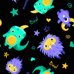 Wall Mural - Seamless pattern with cute childish monsters. Can be used for kids textile print, fabric, nursery decoration and wrapping paper. Vector cartoon background