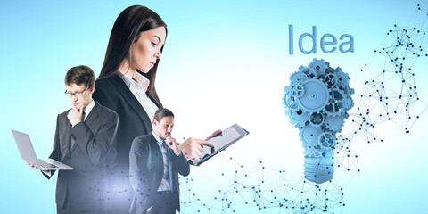 Sticker - Attractive young european business people with polygonal mesh, cogwheel light bulb, devices and question marks on blue background. Idea, solution, teamwork and success concept. Double exposure.