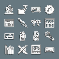 Canvas Print - Set line Music synthesizer, Microphone, Oscilloscope, Guitar amplifier, Audio jack, Drum machine, and Air headphones icon. Vector