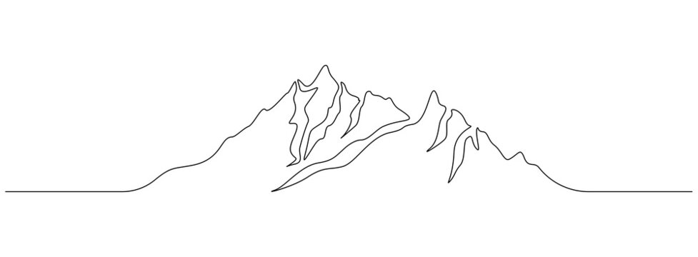 One continuous line drawing of mountain ridge landscape. Web banner with high mounts and peaks in simple linear style. Adventure winter sports ski and hiking concept. Doodle vector illustration