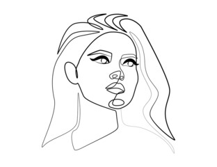 Poster - Abstract Woman face one continuous line drawing. Modern elegance female portrait in doodle linear style for print t-shirt, slogan design, fashion posters, postcards. Vector illustration