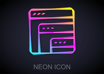 Glowing neon line Software, web developer programming code icon isolated on black background. Javascript computer script random parts of program code. Vector