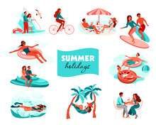 Summer Holiday Activities. Set Of People At A Beach Party. People Are Relaxing And Resting Outdoors. Set Of People Swimming, Doing Sport On Summer Vacation. Vector Illustration Isolated On White