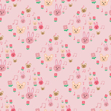 Cute Baby Rabbit And Bear In Square Seamless Pattern Or Digital Paper In Pink Background For Fabric