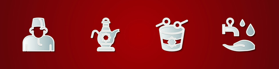 Poster - Set Muslim man, Islamic teapot, Ramadan drum and Wudhu icon. Vector