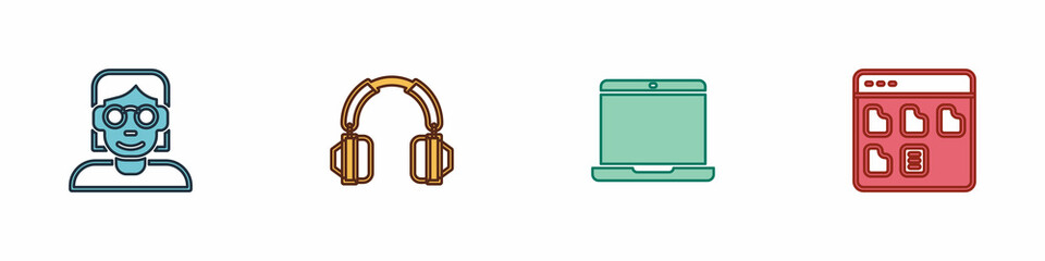 Set Hacker or coder, Headphones, Laptop and Browser files icon. Vector