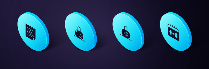Set Isometric Calendar fitness, Weight, Broken weight and Sport training program icon. Vector