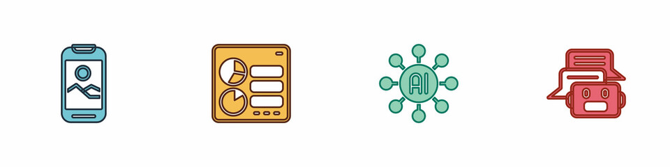 Set Mobile phone, Computer api interface, Neural network and Chat bot icon. Vector