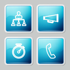 Sticker - Set line Referral marketing, Megaphone, Stopwatch and Telephone handset icon. Vector