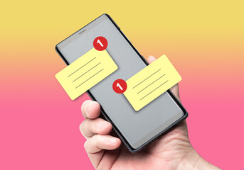 Poster - Phone message. Concept app for chatting. Message icons in front of smartphone. Messenger technologies in phone. Correspondence via messenger. Hand with phone on colorful gradient.