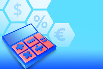Poster - Percent sign next to calculator. Concept of calculating percentage of income. Calculation of percentage of income using calculator. Space for your text on blue. Accounting profit metaphor. 3d image.