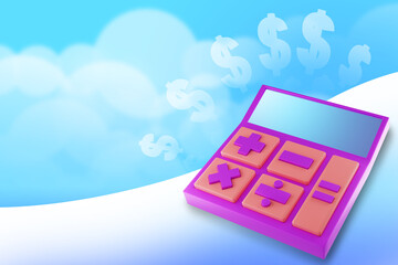 Poster - Calculator as symbol of accounting. Business Income Calculator. Dollar signs symbolize business income. Accounting service metaphor. Financial audit. Calculator on blue background. 3d image.