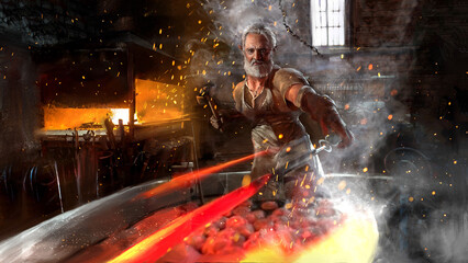 An old gray-haired elf blacksmith works in a workshop, he forges a sword. He's wearing an apron and gloves. sparks and smoke from the coals and from the heat of the furnace fly in the air.2d art