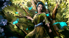 A Beautiful Elf Girl With Blue Hair Is Standing In The Forest, She Is A Witch. She's Wearing A Green Dress. She Looks At The Flying Magic Blue Butterflies. Green Leaves And Sparks In The Air 2d Art