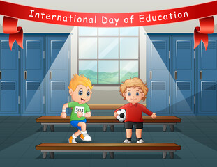 Wall Mural - International day of Education with boys getting ready for sport