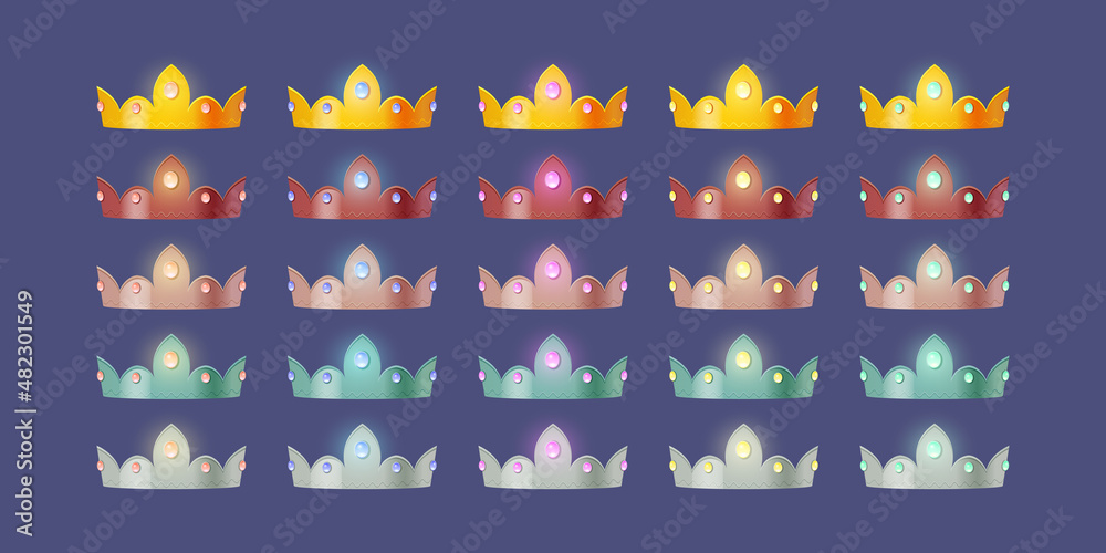 Game icons of royal crowns with gem different color. Vector cartoon set ...