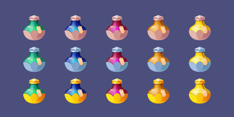 Aufkleber - Game icons of bottles with magic potion, poison, alchemy elixir or chemical. Vector cartoon set of fantasy glass vials with golden, silver and bronze corks, labels and color liquid potions