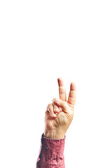 Hand of man showing fingers over isolated white background counting number 2 showing two fingers, gesturing victory