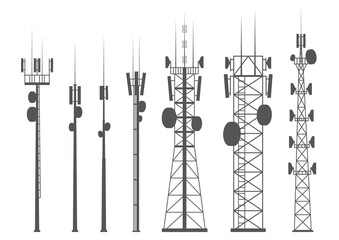 Transmission cellular towers silhouette. Mobile and radio communications towers with antennas for wireless connections. Outline vector illustrations set