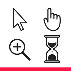 Leinwandbilder - Pointer hand, arrow, hourglass loading clock mouse, magnifier cursors icon sign graphic element flat style design vector illustration set. Simplistic pictogram indicator, endless time process idea.