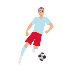 Canvas Print - Adult man soccer player run with ball ready to shoot, cartoon vector avatar. Man kick the ball, front view.