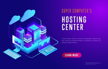 Hosting center with super computer with large random access memory. Landing page design template
