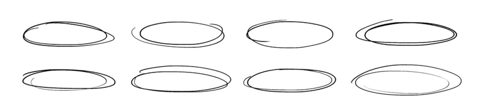 Set of doodle ellipses. Scribble ovals, bubbles to circle and highlight text. Handwriting horizontal ellipses isolated on white background.
