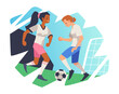 Female soccer players play football, dribble, pass, kick ball in flat vector