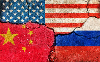 Wall Mural - Grunge flags illustration of three countries with conflict and political problems (cracked concrete background) | USA, China and Russia