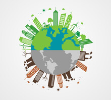 Ecology Cityscape Pollution And Solution Concept. Green Vs Polluted City On Earth. World Environment Day Nature Save. Vector Illustration In Flat Style Modern Design.
