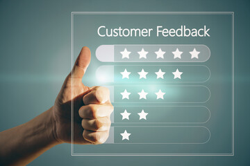 Poster - Close up of male hand pointing thumbs up at customer feedback hologram on blue background. Rating and ranking concept.