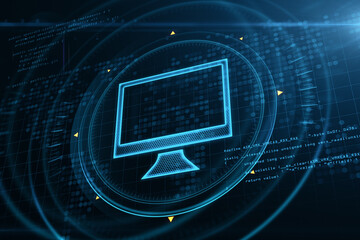 Aufkleber - Abstract glowing computer hologram interface on blurry background. Digital transformation, technology and innovation concept. 3D Rendering.